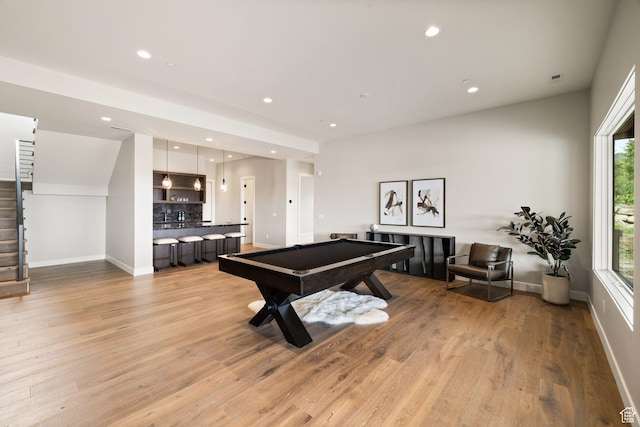 7175 Lupine Dr, Park City, UT 84098 - game room featuring wet bar, billiards, light wood-style flooring, baseboards, and recessed lighting