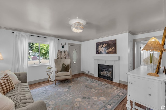 2224 N 600 W, Pleasant Grove, UT 84062 - living area featuring ornamental molding, wood finished floors, a glass covered fireplace, a chandelier, and baseboards