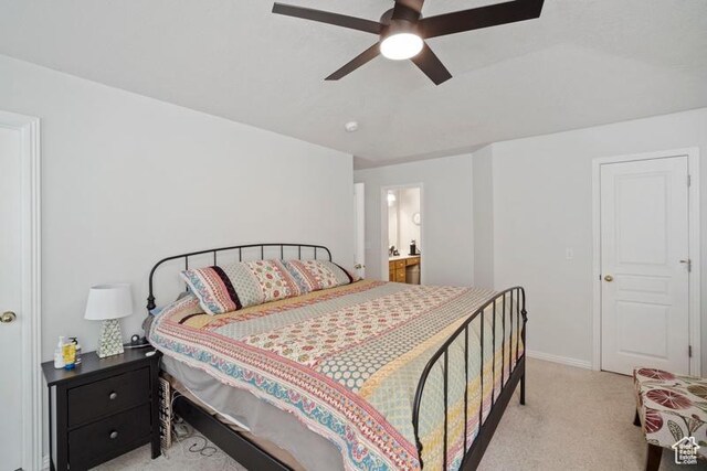787 N 500 W, Brigham City, UT 84302 - bedroom featuring light colored carpet, baseboards, connected bathroom, and ceiling fan