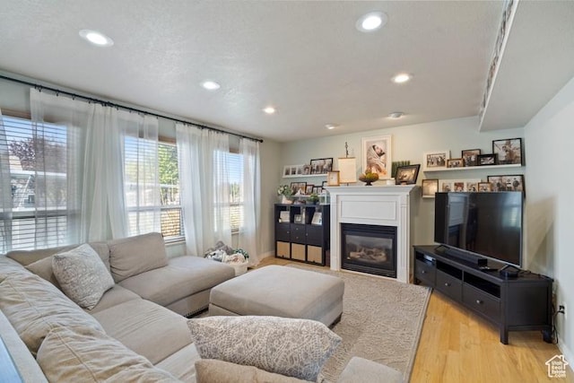 787 N 500 W, Brigham City, UT 84302 - living room with a glass covered fireplace, recessed lighting, light wood finished floors, and baseboards
