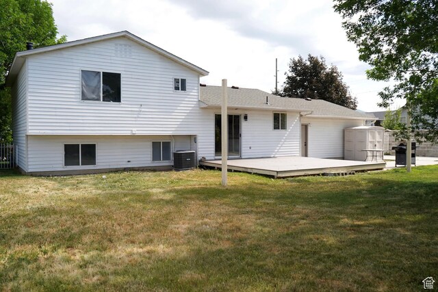 1102 E 120 S, Spanish Fork, UT 84660 - rear view of property featuring a wooden deck, a lawn, and central AC unit