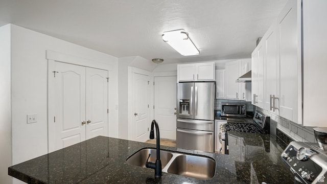 4475 S Lochnivar Ct E, Millcreek, UT 84107 - kitchen featuring stainless steel appliances, a sink, under cabinet range hood, white cabinetry, and dark stone countertops
