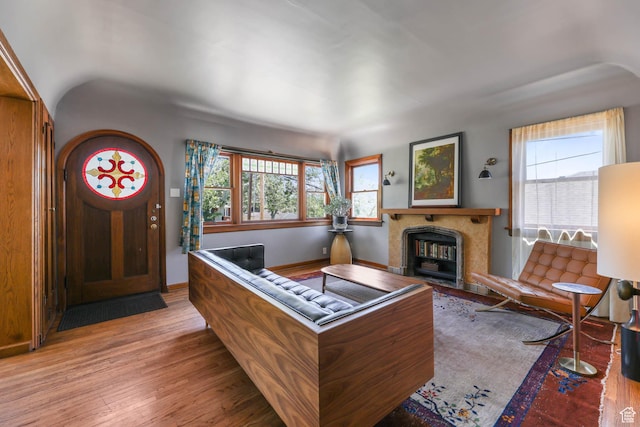 525 E St, Salt Lake City, UT 84103 - living area featuring wood-type flooring, a fireplace, and baseboards