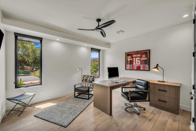 2304 N Cohonina Trl, St George, UT 84770 - home office featuring ceiling fan, baseboards, light wood-style flooring, and recessed lighting