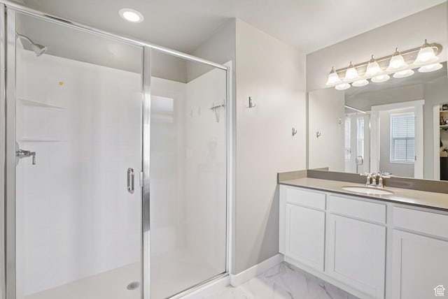 1123 W Osprey Dr, Stansbury Park, UT 84074 - full bath featuring vanity, a stall shower, marble finish flooring, recessed lighting, and baseboards