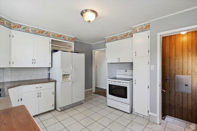 630 Polk Ave, Ogden, UT 84404 - kitchen with white appliances, white cabinets, electric panel, backsplash, and open shelves
