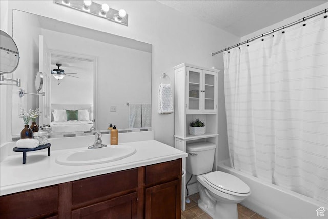 6286 W Anders Ridge Way S, West Valley City, UT 84128 - bathroom with ensuite bath, vanity, shower / bathtub combination with curtain, toilet, and a ceiling fan