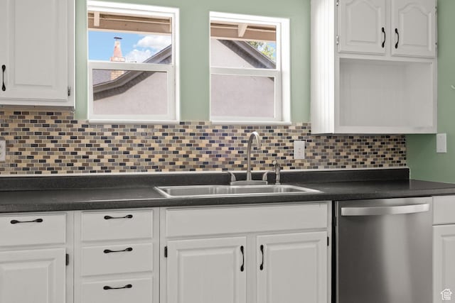 234 W 500 S, Provo, UT 84601 - kitchen featuring dishwasher, dark countertops, a sink, white cabinetry, and backsplash