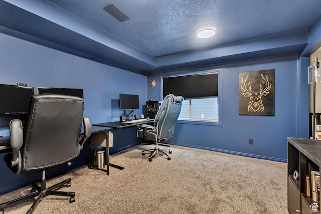 10453 S 2775th St W, South Jordan, UT 84095 - home office featuring carpet floors, baseboards, a textured ceiling, and a raised ceiling