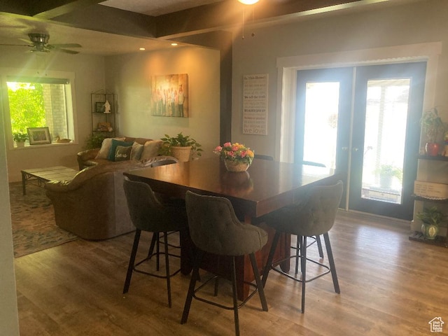 3480 S 4000th Rd W, Delta, UT 84624 - dining area featuring wood finished floors, a ceiling fan, french doors, and baseboards