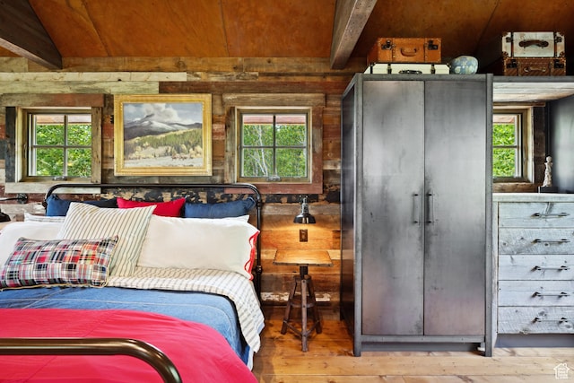 10754 Basin Canyon Rd, Park City, UT 84098 - bedroom with hardwood / wood-style floors, multiple windows, and wood ceiling with exposed beams