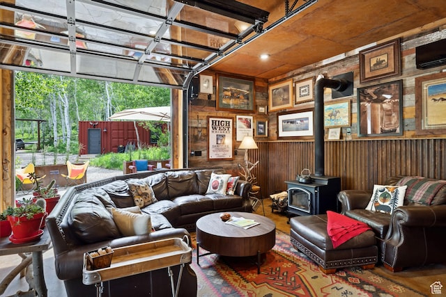 10754 Basin Canyon Rd, Park City, UT 84098 - living room with a wood stove and wooden walls