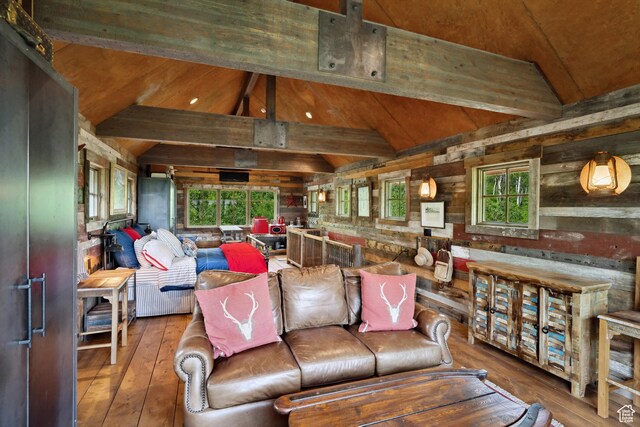 10754 Basin Canyon Rd, Park City, UT 84098 - living area with hardwood / wood-style floors, plenty of natural light, and wooden walls