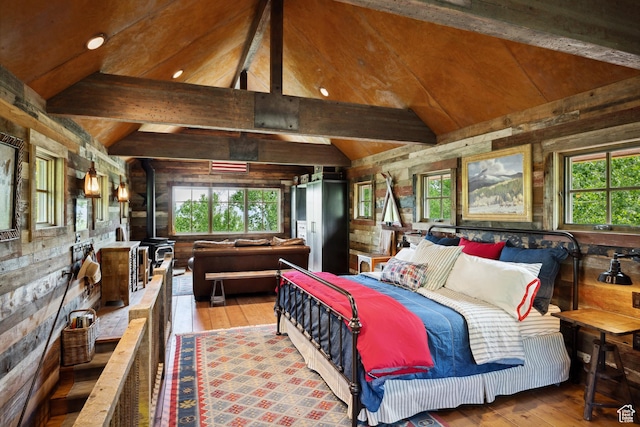 10754 Basin Canyon Rd, Park City, UT 84098 - bedroom featuring wood-type flooring, multiple windows, and wood walls