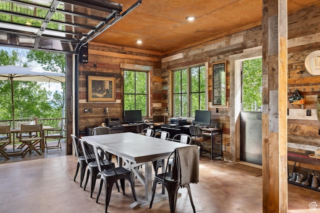10754 Basin Canyon Rd, Park City, UT 84098 - dining room with concrete flooring, wooden walls, and recessed lighting