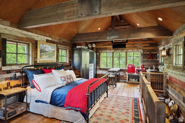 10754 Basin Canyon Rd, Park City, UT 84098 - bedroom with light wood-type flooring, wooden walls, multiple windows, recessed lighting, and wood ceiling