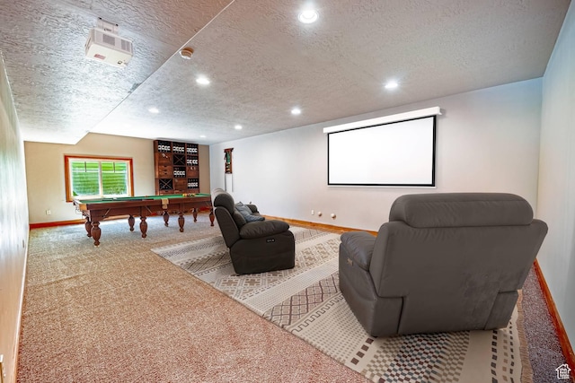 1273 W Lime Canyon Way, Midway, UT 84049 - cinema with billiards, a textured ceiling, baseboards, recessed lighting, and carpet floors