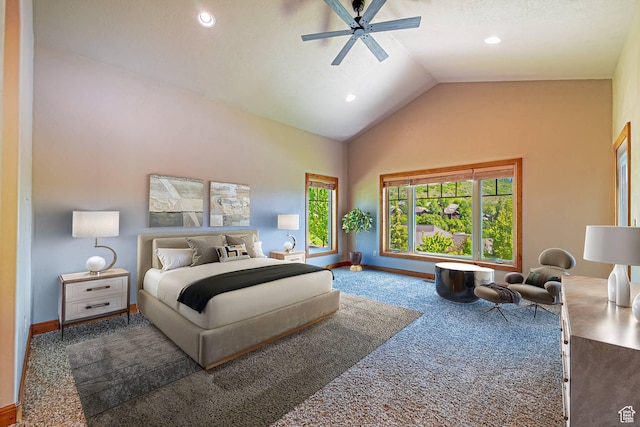 1273 W Lime Canyon Way, Midway, UT 84049 - bedroom with carpet floors, baseboards, recessed lighting, high vaulted ceiling, and ceiling fan