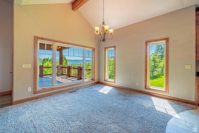 1273 W Lime Canyon Way, Midway, UT 84049 - unfurnished room with beamed ceiling, baseboards, a chandelier, high vaulted ceiling, and carpet floors