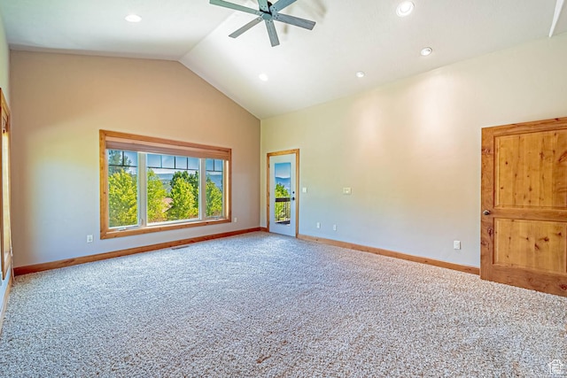 1273 W Lime Canyon Way, Midway, UT 84049 - empty room with carpet, ceiling fan, baseboards, vaulted ceiling, and recessed lighting