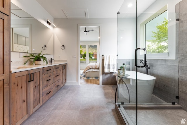 1792 N Siena Cir Unit 13, Pleasant Grove, UT 84062 - bathroom with double vanity, a freestanding tub, ensuite bathroom, tile patterned floors, and an enclosed shower