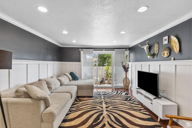 66 W Lester Ave Unit K27, Murray, UT 84107 - living area with crown molding, wainscoting, recessed lighting, wood finished floors, and a fireplace