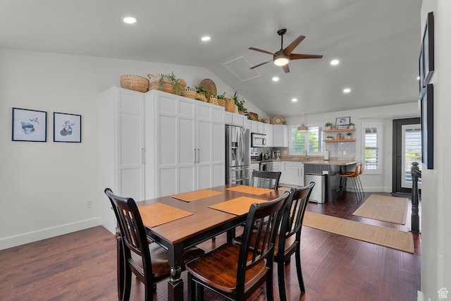 1677 N 2640 W, Lehi, UT 84043 - dining space with ceiling fan, lofted ceiling, baseboards, dark wood-type flooring, and recessed lighting