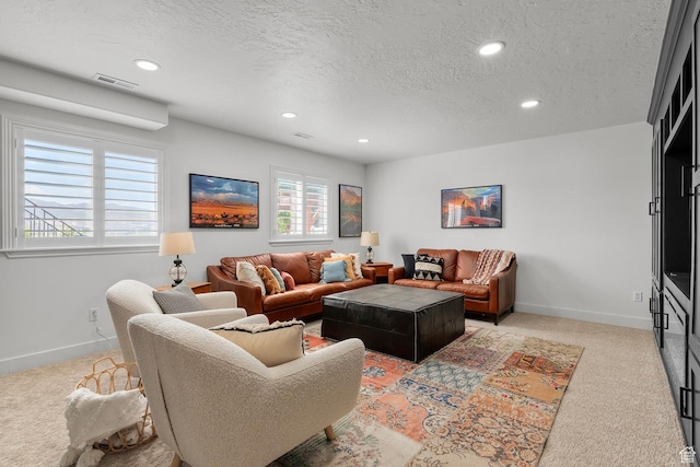 1677 N 2640 W, Lehi, UT 84043 - living room featuring light colored carpet, a textured ceiling, recessed lighting, and baseboards