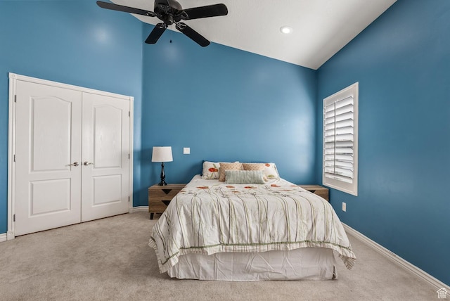 114 E Canterwood Dr, Washington, UT 84780 - carpeted bedroom featuring high vaulted ceiling, baseboards, and ceiling fan