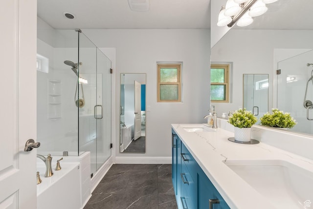 114 E Canterwood Dr, Washington, UT 84780 - full bathroom featuring a shower stall, double vanity, a bath, baseboards, and marble finish floors