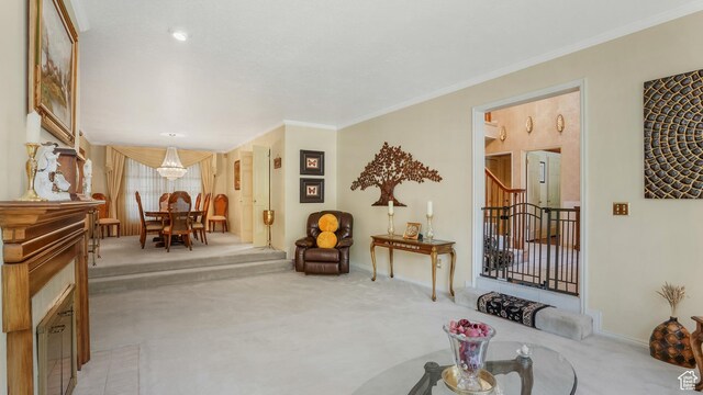 4755 S Banbury, Ogden, UT 84403 - living area with light colored carpet, stairs, ornamental molding, and baseboards