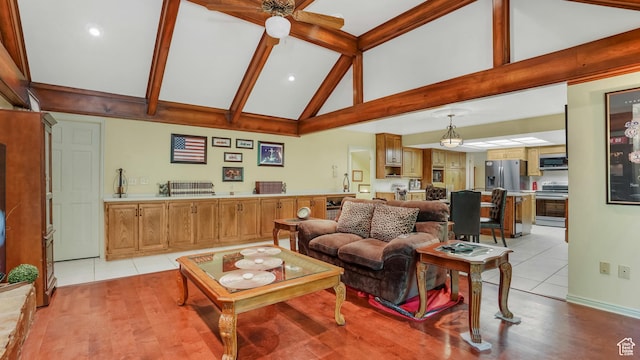 4755 S Banbury, Ogden, UT 84403 - living room with high vaulted ceiling, light tile patterned flooring, beam ceiling, recessed lighting, and a ceiling fan