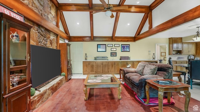 4755 S Banbury, Ogden, UT 84403 - living area with ceiling fan, beam ceiling, high vaulted ceiling, and recessed lighting