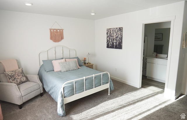 1291 S Harvest View Dr, Santaquin, UT 84655 - bedroom with carpet flooring, baseboards, ensuite bath, and recessed lighting