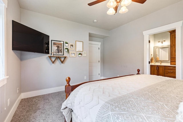 580 N Cherry Ridge Ln, Richmond, UT 84333 - bedroom featuring carpet flooring, baseboards, ensuite bathroom, and ceiling fan