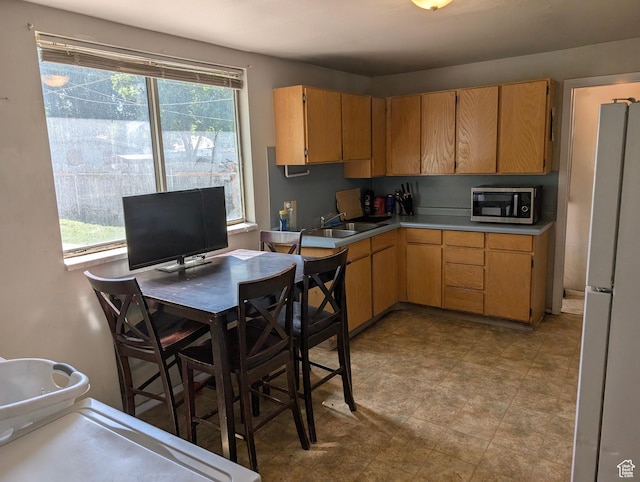 459 S Goshen St, Salt Lake City, UT 84104 - kitchen with freestanding refrigerator, stainless steel microwave, a sink, and light countertops