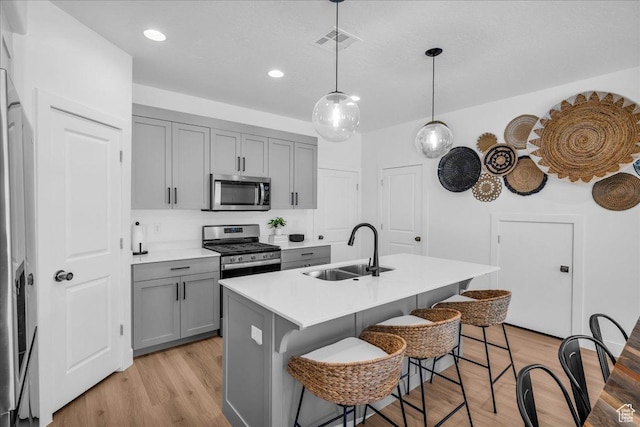 2667 E Wake Ln, St George, UT 84790 - kitchen featuring appliances with stainless steel finishes, a sink, gray cabinets, light wood-type flooring, and a kitchen bar