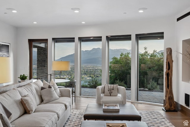 1703 N Chimney Rock Rd Unit 532, Heber City, UT 84032 - living area featuring light wood-style flooring, a mountain view, and recessed lighting