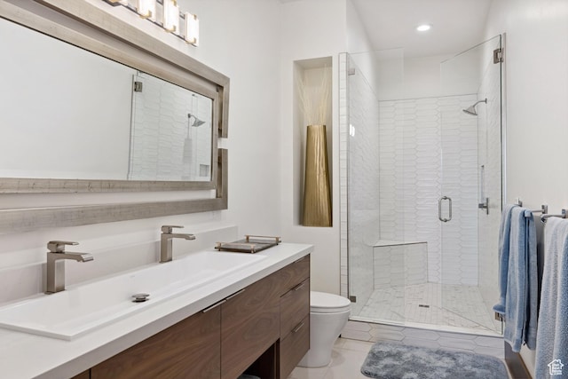 1703 N Chimney Rock Rd Unit 532, Heber City, UT 84032 - bathroom with vanity, toilet, a stall shower, recessed lighting, and tile patterned floors