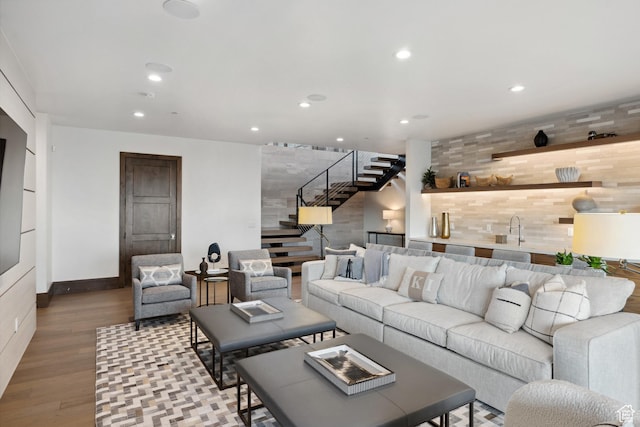 1703 N Chimney Rock Rd Unit 532, Heber City, UT 84032 - living area featuring stairs, wet bar, recessed lighting, wood finished floors, and baseboards