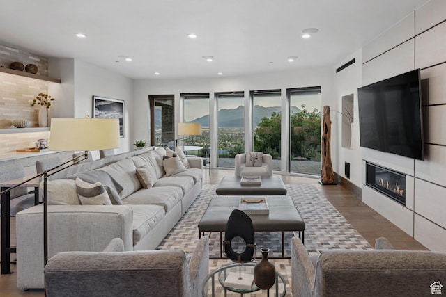 1703 N Chimney Rock Rd Unit 532, Heber City, UT 84032 - living area with wood finished floors, a glass covered fireplace, and recessed lighting