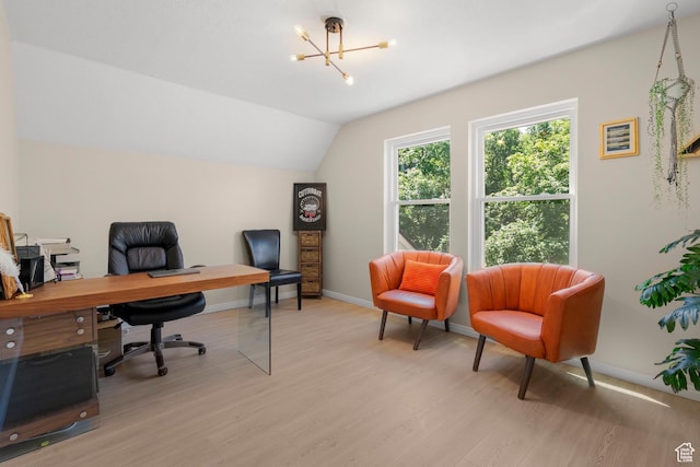 2692 S Grand Oak Cir E, Bountiful, UT 84010 - office with light wood-style flooring, vaulted ceiling, baseboards, and a chandelier