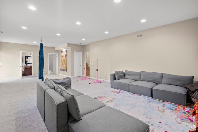 2692 S Grand Oak Cir E, Bountiful, UT 84010 - living room with recessed lighting, light colored carpet, and baseboards