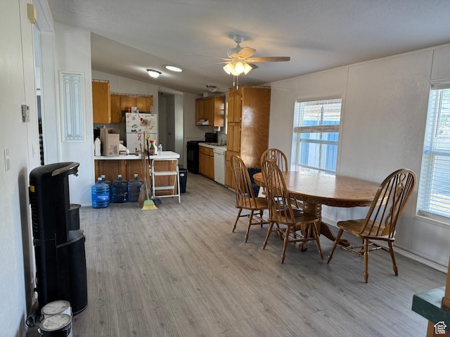 6153 E 2000 N, Roosevelt, UT 84066 - dining room featuring light wood-type flooring, ceiling fan, and lofted ceiling