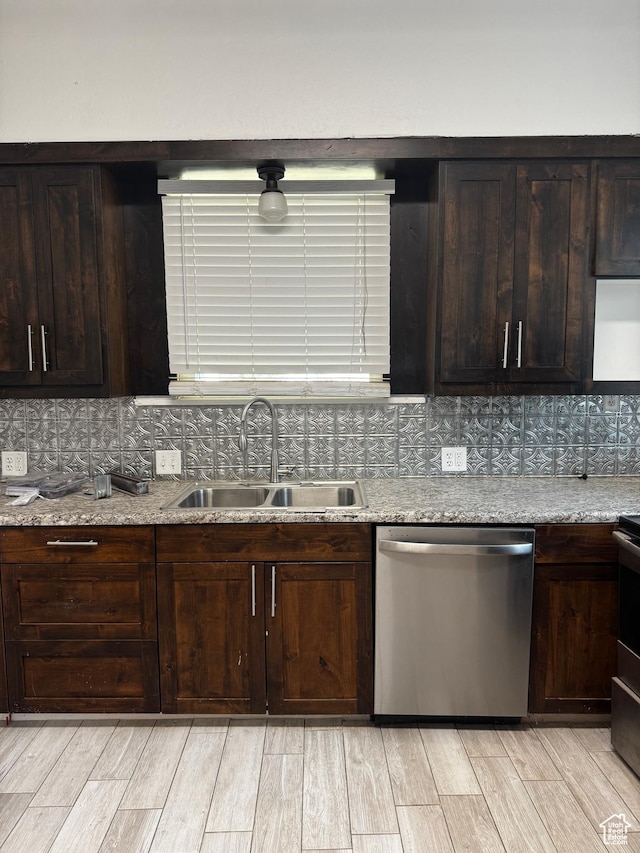 188 E 100 N, Nephi, UT 84648 - kitchen with dishwasher, tasteful backsplash, light wood-style floors, and dark brown cabinets
