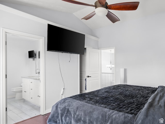 8002 S Overton Dr, West Jordan, UT 84081 - bedroom featuring lofted ceiling, connected bathroom, and a ceiling fan