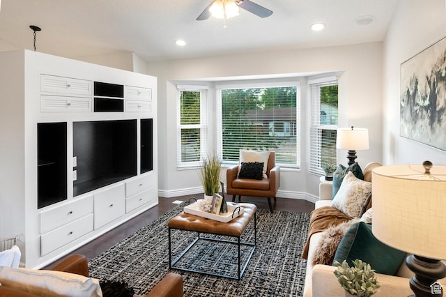 1022 E Lafayette St S, Sandy, UT 84094 - living area featuring a ceiling fan, baseboards, dark wood-style floors, and recessed lighting