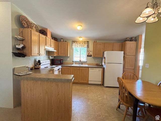 380 Portal Vista Loop, Moab, UT 84532 - kitchen with white appliances, under cabinet range hood, a peninsula, a sink, and light floors