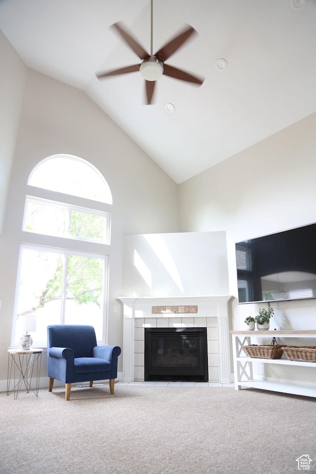 760 E Corner Ridge Dr, Draper, UT 84020 - living area with a tile fireplace, high vaulted ceiling, carpet floors, and ceiling fan