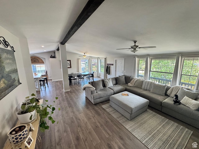527 S Moenkopi Dr, Leeds, UT 84746 - living area featuring ceiling fan, plenty of natural light, wood finished floors, and baseboards